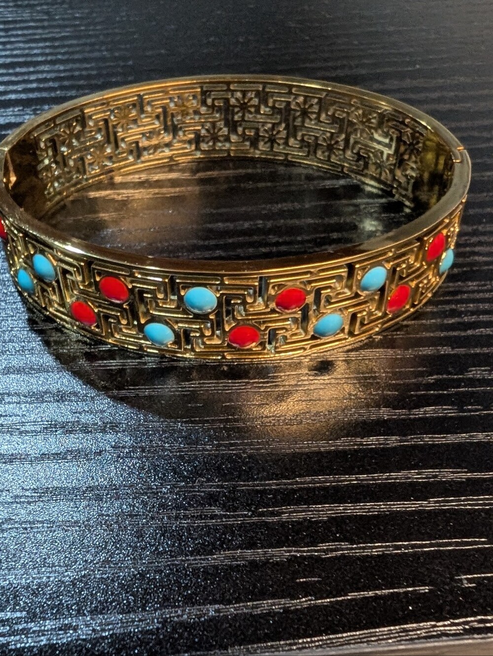 Gold-Tone Filigree Bangle Bracelet with Red and Turquoise Accents
